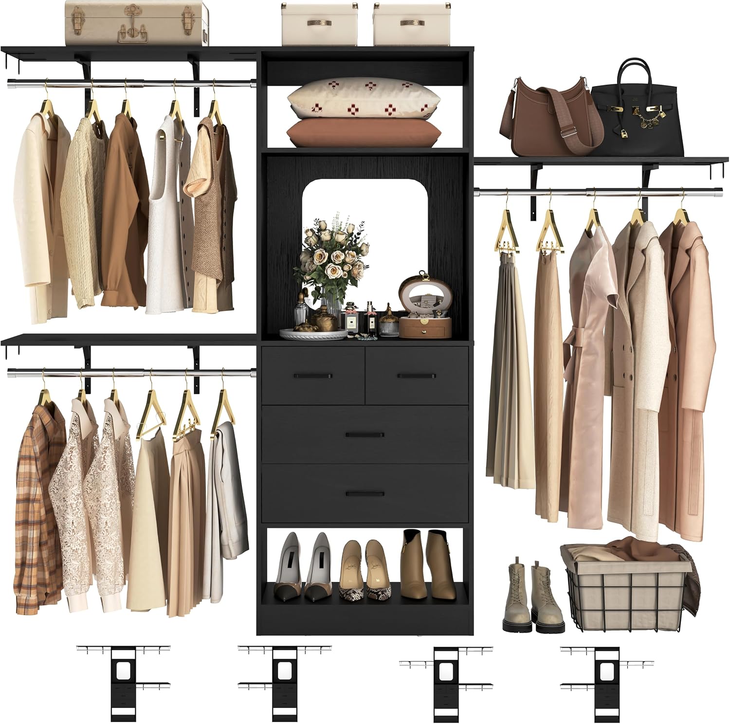 Unikito 96 Inch Closet Organizer System, 8FT Walk in Closets Insert with 25 Tower, 3 Hanging rod and Top Shelves, Heavy Duty Clothing Wardrobe with 4 Drawers and Mirror, Max Load 1000 LBS, Black