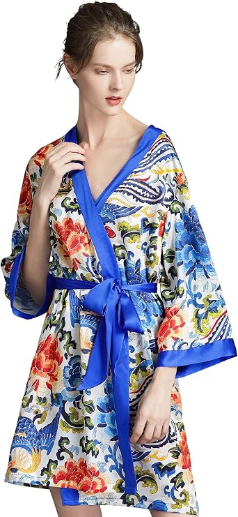 100% Silk, Women's Printed Short Robe with Kimono Collar-Imperial Phoenix