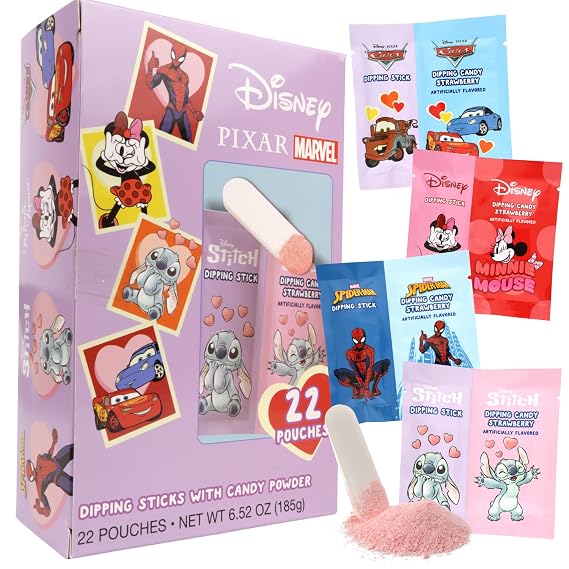 Disney Candy, Cars, Spiderman, Mickey and Minnie and Stitch Themed, Strawberry Flavored Dipping Powder, Birthday Party Favor Treats, 22 Pouches Inside