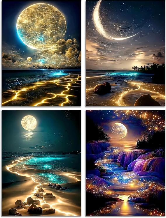 Muzagroo Art Moon Diamond Painting Kits for Adults, 5D Art Kits for Beginners, DIY Arts and Crafts for Living Room, Kids Room 4 PCS Wall Art