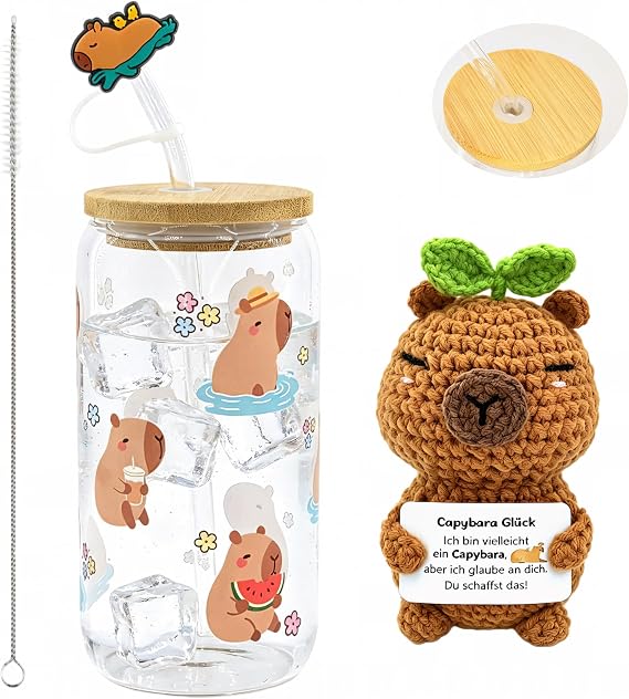 Capybara Drinking Glass Set with Straw and Plush Toy