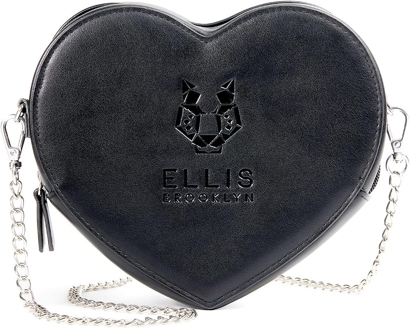 Ellis Brooklyn Vegan Leather Heart-Shaped Crossbody Purse, Black | Stylish, Cruelty-Free, Gift-Ready Accessory with Chain Strap