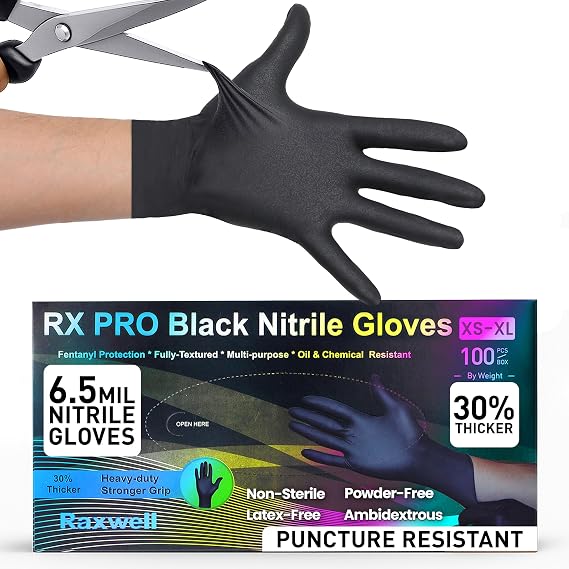 Heavy Duty Disposable Gloves Latex Free | 6.5 Mil Black Nitrile Gloves Large | 100 Count Powder Free Chemical Resistant Gloves | Food Grade, Food Safe, | Janitorial, Kitchen, Mechanic Gloves