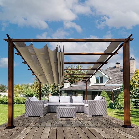 Paragon Outdoor 11'x16' Alumnium Pergola in Chilean Ipe with Soft Top Retractable Canopy for Patio, Porch, Garden, Backyard Gazebo (Sand Canopy)