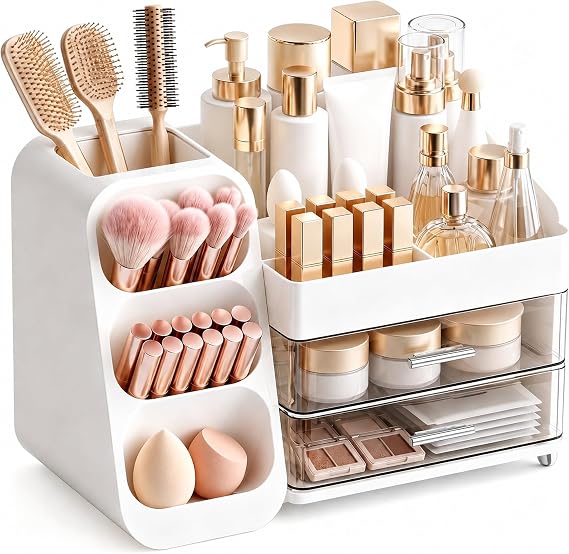 Makeup Organizer for Vanity - Large Skincare Organizers Countertop, Cosmetic Organizer with Brush Holder and 2 Drawer, Makeup Storage for Lipsticks, Nail Polishes, Eyeshadow Palettes, White
