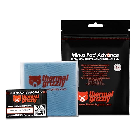 Thermal Grizzly Minus Pad Advance - 100x100x1.5mm 2-Pack Thermal Interface Pad, Electrically Non-Conductive, High Thermal Conductivity & Compressibility for SSDs, GPUs & Electronics