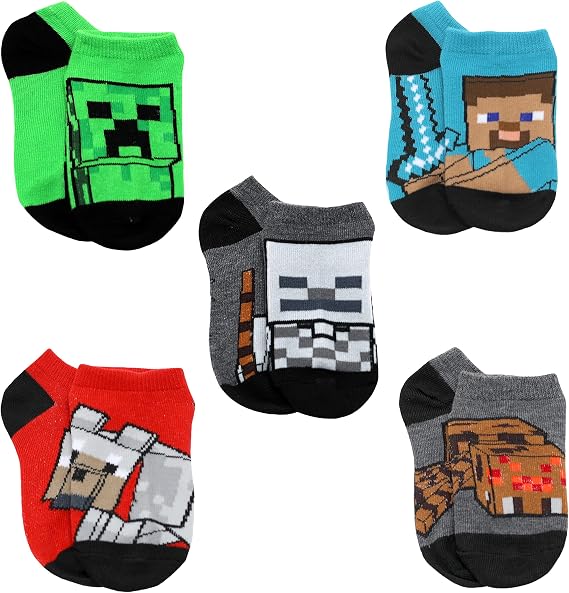 Minecraft Boy's 5 Pack Character Socks, Green/Charcoal, Small