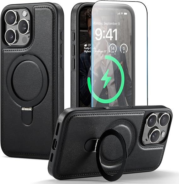 for iPhone 16 Pro Max Case with Stand Compatible Magsafe, Black | Magnetic Kickstand, with Tempered Glass Screen Protector, Durable PU Leather, Slim fit, Drop Proof Protective Phone Cover