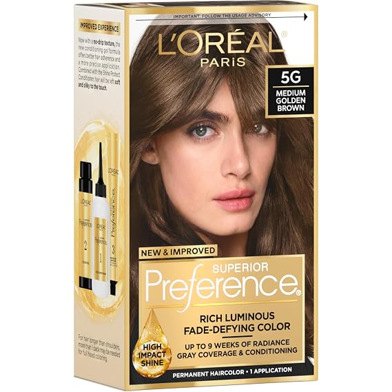 L'Oreal Paris Superior Preference Luminous Fade-Defying Permanent Hair Color, Hair Dye For Up to 9 Weeks of Radiance, Medium Golden Brown 5G, 1 Hair Dye Kit