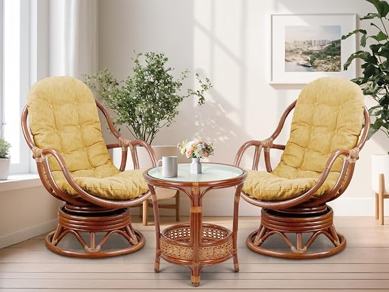 Set of 2 Bali Lounge Swivel Rocking Chairs with Light Brown Cushion and Pelangi Round Coffee Table Natural Rattan Wicker Handmade, Colonial Color