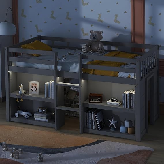 Harper & Bright Designs Twin Size Low Loft Bed with Storage Shelves and LED Light, Wooden Twin Loft Bed Frame with Guardrails for Kid, Teens, Gray