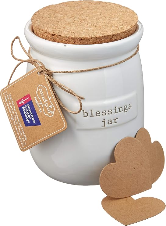 Mud Pie Inspirational Count Your Blessings Jar Set White jar 5 1/2" x 4" Dia | Hearts 1 3/4" x 2" | Gratitude Gifts, Thankful Jars With Memory Notes, Thankful Decor Gift