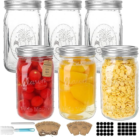 1000ml 6 Pack Mason Glass Jars with Black Lids, Clear Regular Mouth Canning Jars for Jelly, Jam, Honey, Wedding Favors, Spices and Herbs