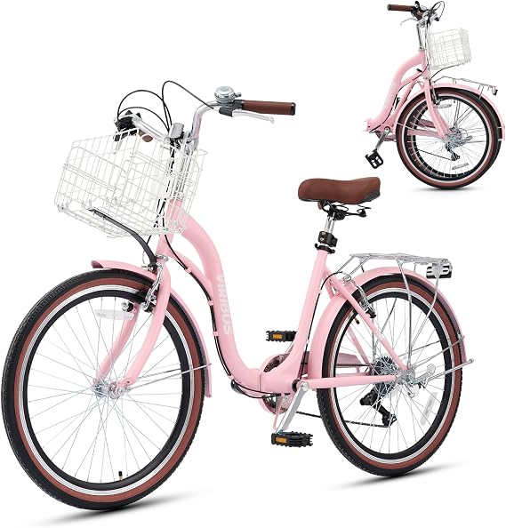 VIRIBUS Folding Bike, 7-Speed Beach Cruiser Bike for Women