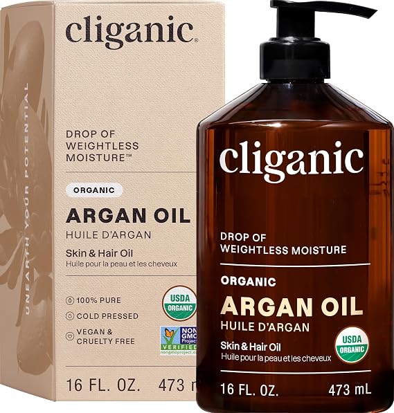 Cliganic Organic Argan Oil, 100% Pure (473ml) | Moroccan Argan Oil for Hair, Face & Skin | Natural Cold Pressed Carrier Oil - Certified Organic | Cliganic