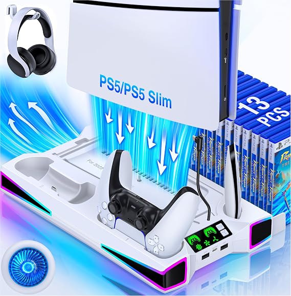 Vertical PS5/Slim/Pro Stand Cooling Station with Dual Controller Charging,3 Level Cooler Fan for PlayStation 5 Console,Multifunctional PS5 Accessories with Headset Holder and Storage Slots/RGB Light