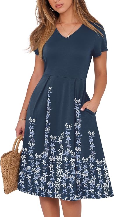 ANRABESS Women Summer Dress Casual Short Sleeve V Neck A-Line Knee Length Pleated Flowy 2026 Fashion Midi Dresses with Pocket