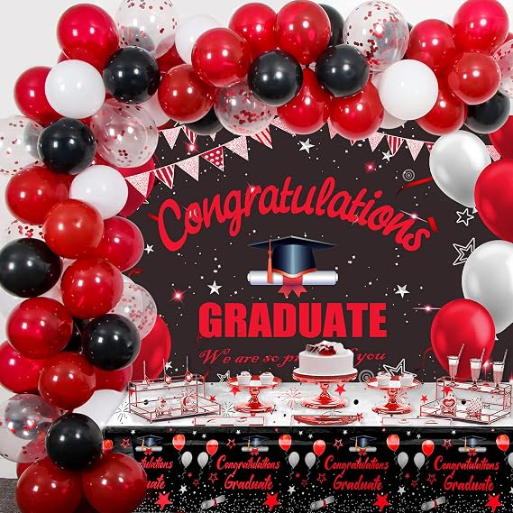 2025 Graduation Decorations, Red and Black Graduation Decorations Class of 2025, Graduation Party Decorations with Congratulations GRADUATE Backdrop Banner Balloons Tablecloths for Nurse College