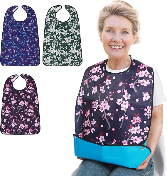 JFMkaer 3 Pack Adult Bibs for Women, Waterproof and Breathable Clothing Protector with Optional Crumb Catcher Washable Adult Bib for Elderly Seniors
