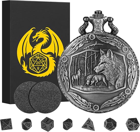 Mini DND Dice Set with Steampunk Wolf Pocket Watch Shell Case, 7pcs Polyhedral Metal D&D Dice Set, DND Gifts with Gift Box for Gamer, Role Playing Board Games Accessories, Dark Silver, Zinc Alloy
