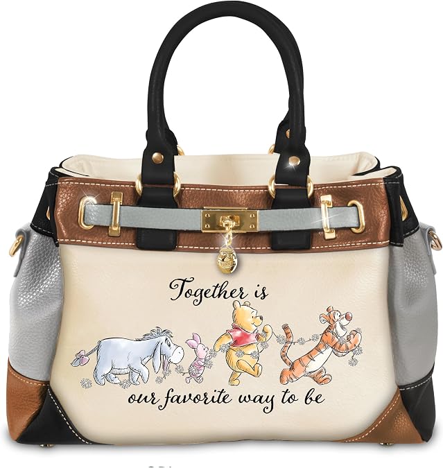 The Bradford Exchange Winnie the Pooh Handbag Disney Faux Leather Purse with Tigger, Eeyore and Piglet Artwork, Honey Pot Charm and Adjustable Crossbody Strap
