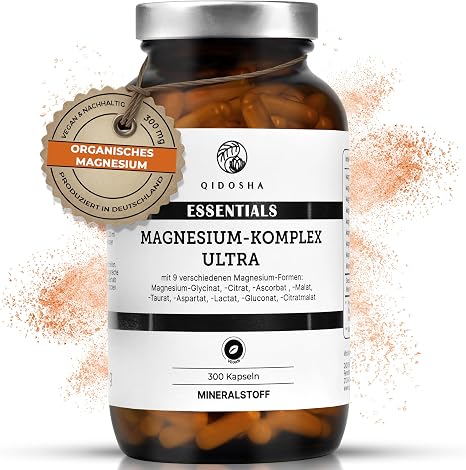 QIDOSHA Magnesium Complex High Dose 300 Capsules in Pharmacist Glass 9 mg Forms with Complementary Focus as Mg Full Spectrum 300 mg Elementary Magnesium/Daily Serving