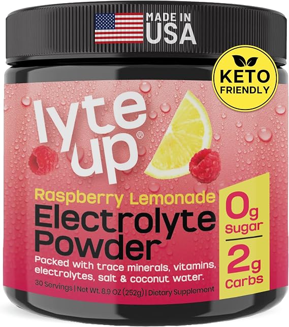2400 MG Electrolyte Powder Zero Sugar Keto Electrolytes for Hydration & Fasting Support with Magnesium, Potassium, Coconut Water, Himalayan Salt Raspberry Lemonade Lyte Up 30 Servings