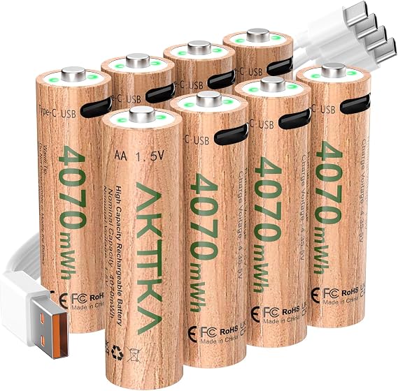 Set of 8 Lithium AA Batteries 4070 mWh 1.5 V with 1-to-4 USB-C Charging Cable Strong Performance for Game Controllers Smart Door Locks Security Cameras