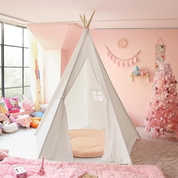 CO-Z Larger 85" H Kids Teepee Play Tent, 2.1m Large Indoor Canvas Teepee Tent for Adults, Tall Foldable Teepee Outdoor, 5 Sides Party Picnic Wedding Teepee Tent with Storage Bag | 2.1m Large Indoor Canvas Teepee, cotton with pine poles, 5 sides, floor cushion, fits 3 kids, for indoor outdoor party picnic