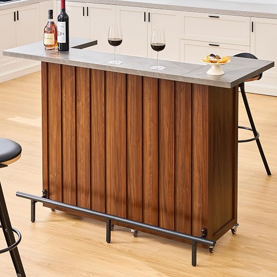 61-Inch Foldable Bar Table, Mobile Party Bar Station on Lockable Wheel, Counter Height Table w/Storage Cabinet, Footrest, Modern U-Shaped Home Coffee Bar Unit for Dining Living Room Pub Party (Walnut)