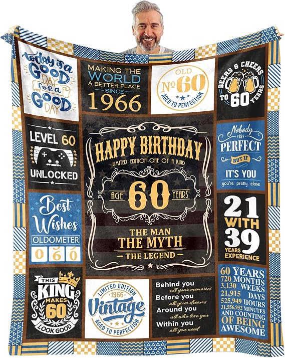 60th Birthday Gifts for Men Blanket 60 x 50 inch, 60 Year Old Birthday Gifts for Men, Gift for 60 Year Old Man, 1966 Mens 60th Birthday Gift Ideas Male, 60 th Birthday Gift for Dad