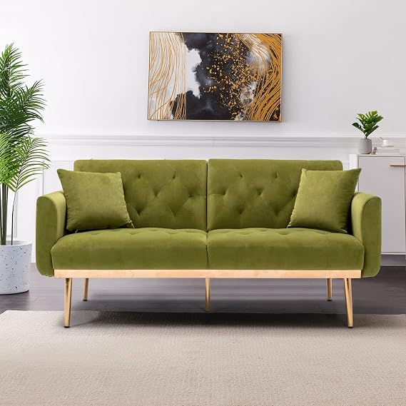 Modern Convertible Folding Futon Sofa Bed for Compact Living Space, Apartment, Dorm,Small Splitback Sofa for Living Room, Golden Metal Legs, 2 Couch