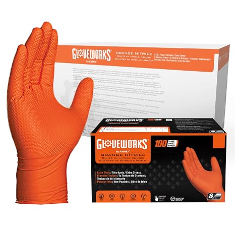 GLOVEWORKS Orange Nitrile Work Gloves, 8 Mil Disposable Heavy Duty, Raised Diamond Grip Mechanic Glove, Large, Case of 1000