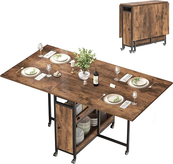 HSH Mobile Extendable Dining Table with Storage 130cm Brown Dinner Desk | Desk Wooden Metal Extendable Folding Table with Storage and Wheels, Space Saving Extending Kitchen Table for Dining Room