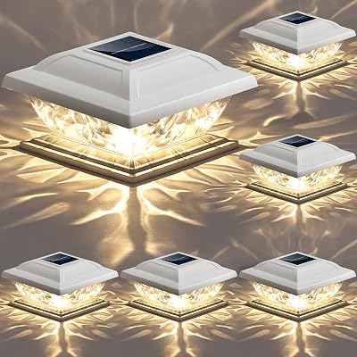 Brizled Solar Post Lights, 6 Pack LED Solar Fence Cap Lights for 4x4 5x5 6x6 Wooden Posts, Warm White Fence Top Post Light Column Landscape Outdoor Lighting for Outside Garden Patio Yard
