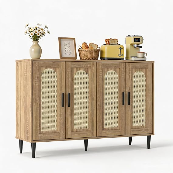 Buffet Cabinet - Sideboard with Storage, Rattan Kitchen Cabinet with 4 Doors, Accent Sideboard for Dining Room, Kitchen, Hallway, Cupboard Console Table (Natural Color)