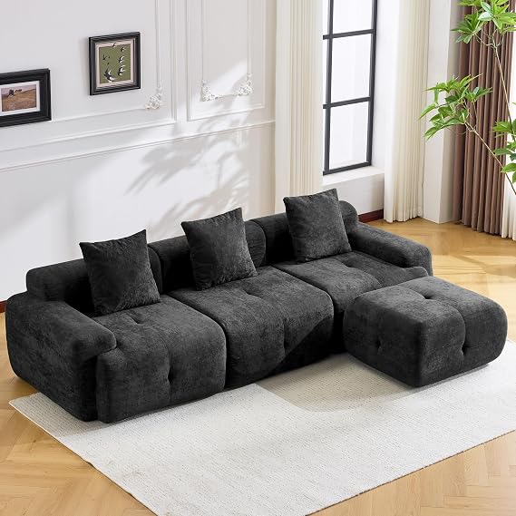 MELLCOM 264CM L Shaped Modular Boneless Sofa, Sectional Corner Sofa with Movable Ottoman＆Deep Seat＆Wide Armrest Design, Cloud Couch for Living Room, Bedroom, No Assembly Required (Black)