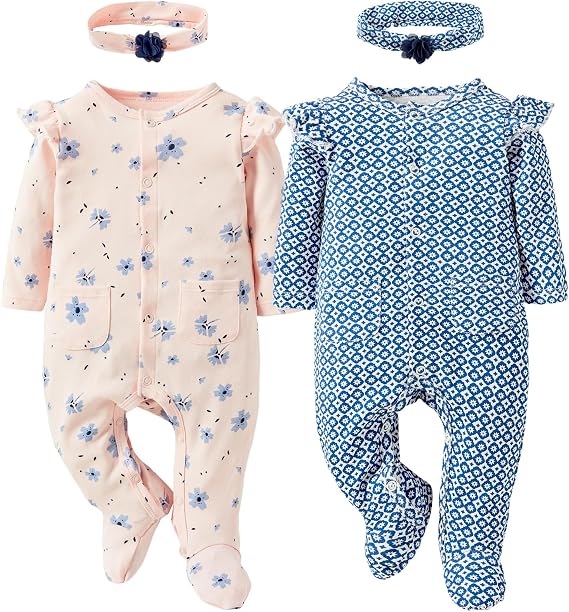 Baby Girls 2-Piece Romper and Headband Set- 100% Cotton Snap Closure Outfit for 0-12 Months