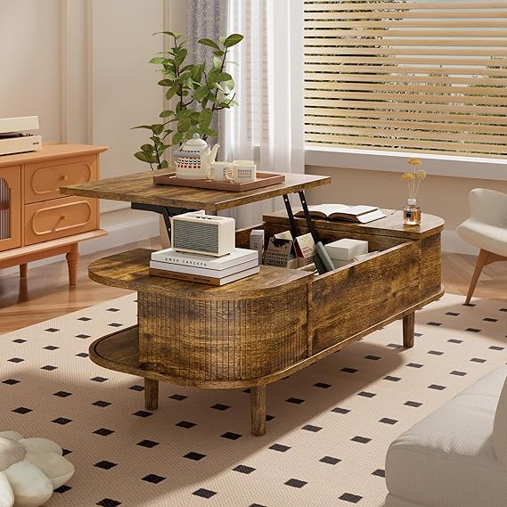 Coffee Table with Lift Top - Wooden Modern Centre Table with Unique Textured & Hidden Storage, for Living Room, Bedroom, Small Space, Home Office