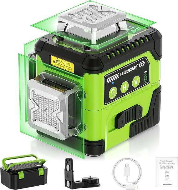 HUEPAR Laser Level 3 x 360 High Brightness Self Leveling with LCD Screen | Digital Angle Screen Plus Mode Rechargeable 3D Laser Level for Construction and Picture Hanging, Hard Carry Case -Y03CG