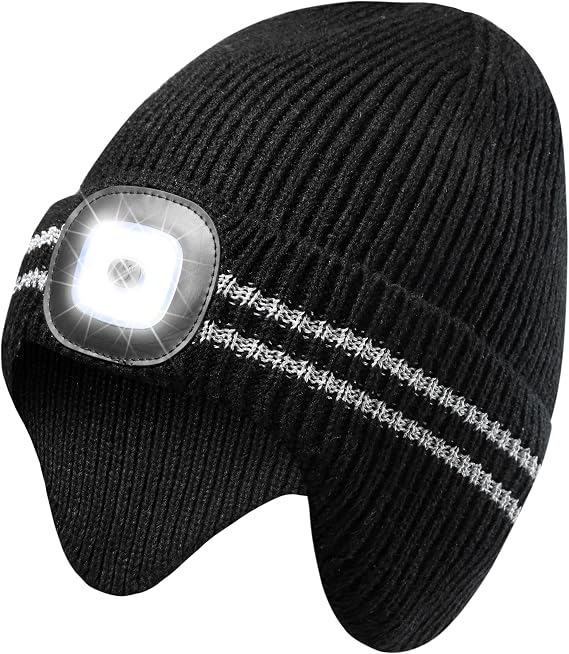 GADIEMKENSD Reflective Stripe LED Beanie, Adjustable Brightness, with Earflaps, Warm, High Elastic, Easy to Wash, Unisex