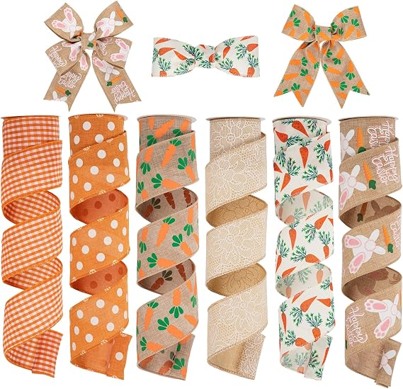Hollyone Easter Ribbon Wired 6 Rolls 30 Yards Easter Floral Bunny Carrot Orange Check Burlap Ribbon Easter Ribbons for Craft Wreaths Wrapping Gift Bow Decor