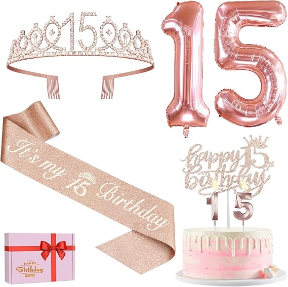 Amosking 15th Birthday Decorations for Girls Rose Gold, 15th Birthday Gifts | 15th Birthday Rose Gold Supplies - 15th Birthday Sash, Tiara, Cake Topper, Candles, Balloons, 15 Year Old Girls Gifts