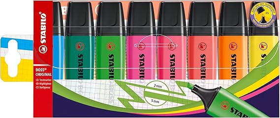 Highlighter - STABILO BOSS ORIGINAL - Pack of 8 - Assorted Colours Pack of 8