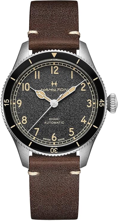 Hamilton Khaki Aviation Automatic Men's Watch, 38mm Stainless Steel Case, Swiss Made, Black Dial Analog Wrist Watch for Men, 100m Waterproof, Sapphire Crystal, 3-Hand Movement, Cow Leather Strap