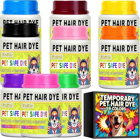 Temporary Pet Hair Color Kit - 9 Vibrant Shades (Black, Blue, Hot Pink, Purple, Orange, Green, Yellow, Pink, Burgundy) | 3.5 fl oz Each | Safe, Washable Dog & Cat Fur Dye for Creative Grooming
