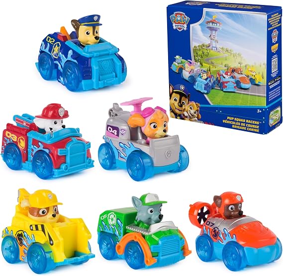 PAW Patrol Pup Squad Racers 6-Pack Collectible Toy Car Vehicles | 6-Pack Collection Splash Styled Toy Cars, Real Working Wheels, Chase, Marshall, Skye, Rubble, Rocky, Zuma, Kids Toys Ages 3+