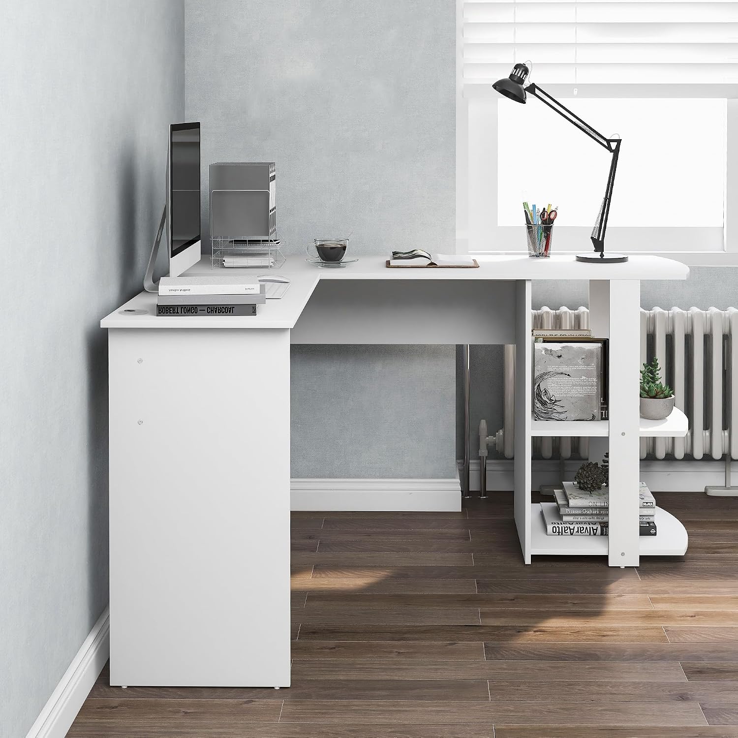 Large L-Shaped Gaming Desk 140cm - Corner Computer Workstation with Storage Shelves & Writing Table for Home Office, Modern White Design, Ergonomic Gaming Furniture