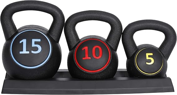 3-Piece Kettlebell Set with Storage Rack for Cross Training, MMA Training, Home Gym Exercise Fitness Concrete Weights 5lb, 10lb, 15lb