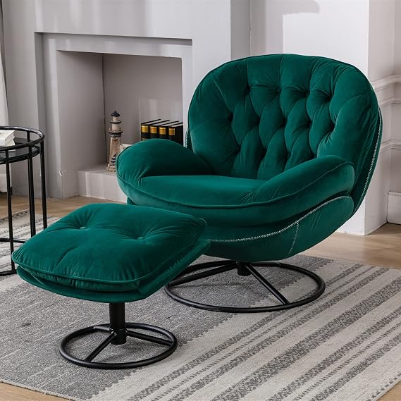 Baysitone Accent Chair with Ottoman,360 Degree Swivel Velvet Accent Chair, Lounge Armchair with Metal Base Frame for Living Room, Bedroom, Reading Room, Home Office (Green)